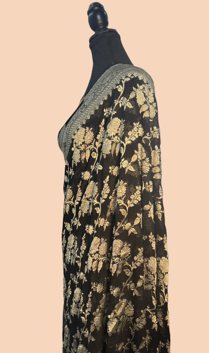 Black Pure Khaddi Georgette Banarasi Saree -  Water Zari