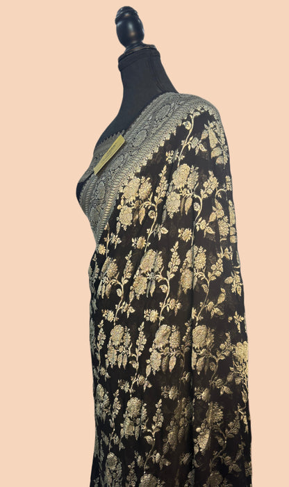 Black Pure Khaddi Georgette Banarasi Saree -  Water Zari