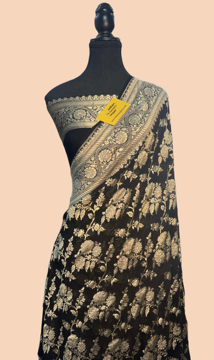 Black Pure Khaddi Georgette Banarasi Saree -  Water Zari