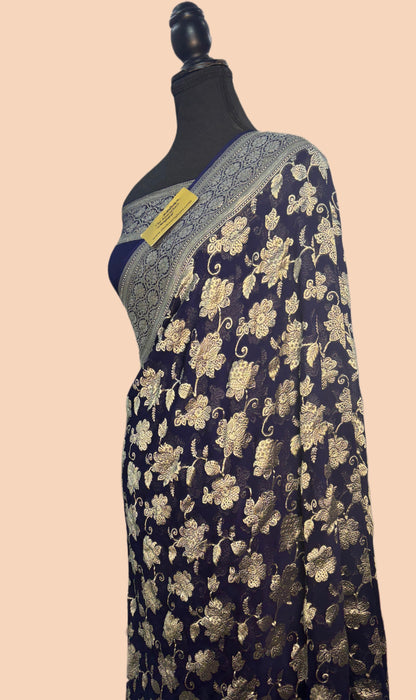 Midnight Pure Khaddi Georgette Banarasi Saree -  Water Zari