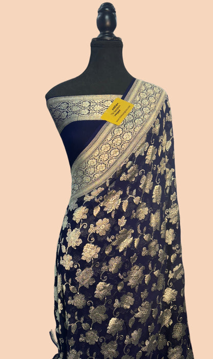 Midnight Pure Khaddi Georgette Banarasi Saree -  Water Zari