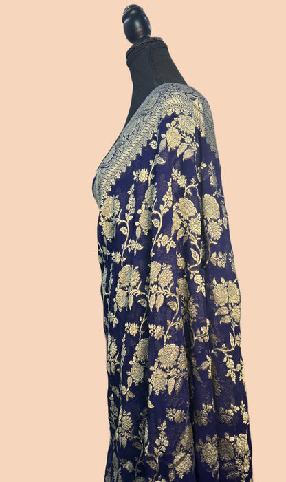 Midnight Pure Khaddi Georgette Banarasi Saree -  Water Zari
