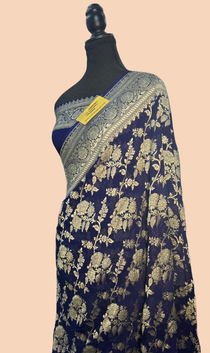 Midnight Pure Khaddi Georgette Banarasi Saree -  Water Zari