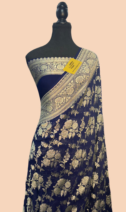 Midnight Pure Khaddi Georgette Banarasi Saree -  Water Zari
