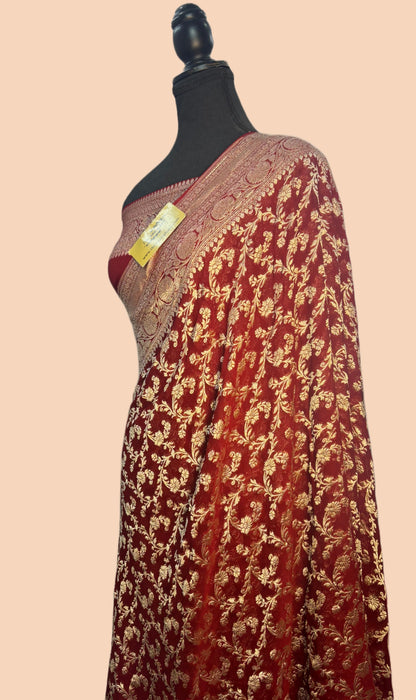 Maroon Pure Khaddi Georgette Banarasi Saree -  Water Zari