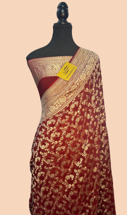 Maroon Pure Khaddi Georgette Banarasi Saree -  Water Zari