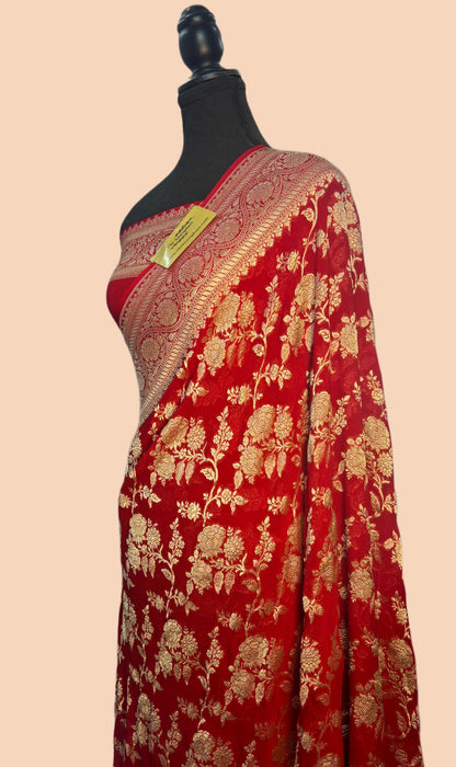 Red Pure Khaddi Georgette Banarasi Saree -  Water Zari