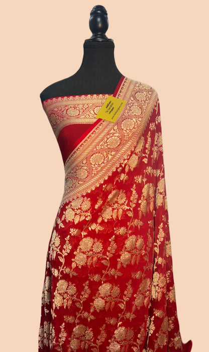 Red Pure Khaddi Georgette Banarasi Saree -  Water Zari