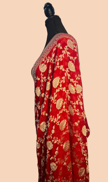 Red Pure Khaddi Georgette Banarasi Saree -  Water Zari