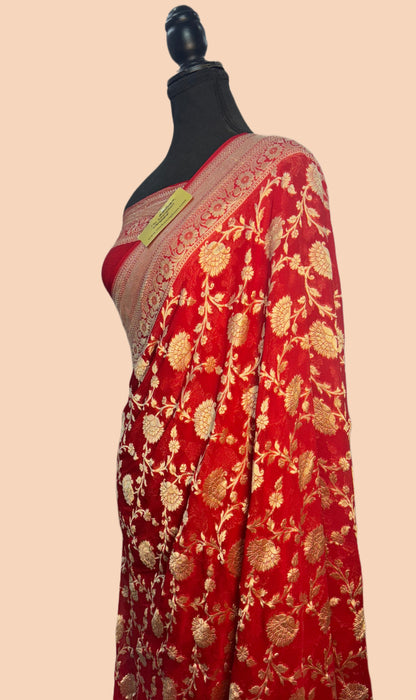 Red Pure Khaddi Georgette Banarasi Saree -  Water Zari