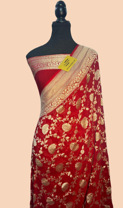 Red Pure Khaddi Georgette Banarasi Saree -  Water Zari