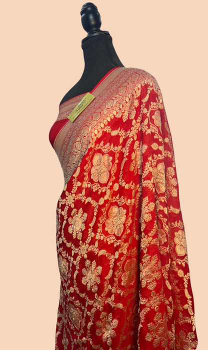 Red Pure Khaddi Georgette Banarasi Saree -  Water Zari