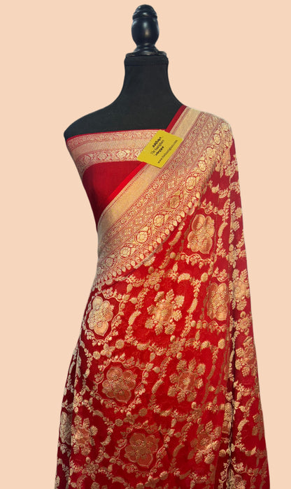 Red Pure Khaddi Georgette Banarasi Saree -  Water Zari