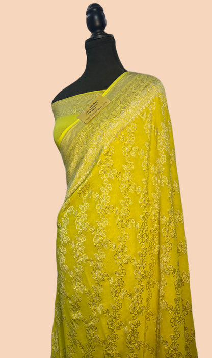 Yellow Pure Khaddi Georgette Banarasi Saree -  Water Zari