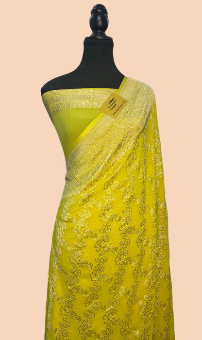 Yellow Pure Khaddi Georgette Banarasi Saree -  Water Zari