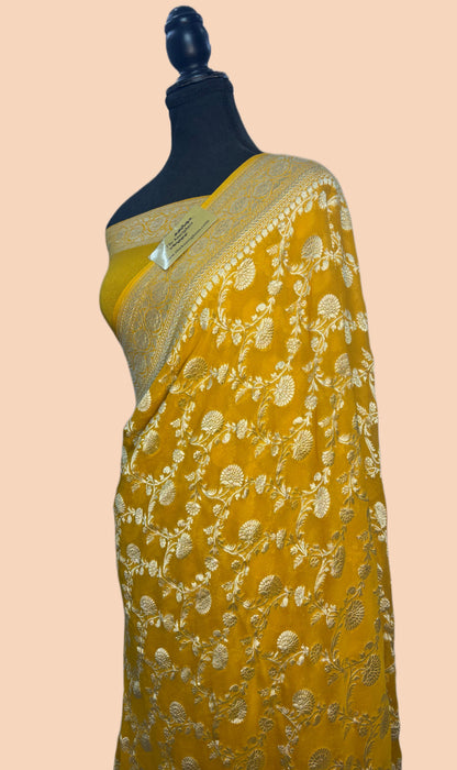 Mustard Pure Khaddi Georgette Banarasi Saree -  Water Zari