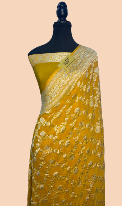 Mustard Pure Khaddi Georgette Banarasi Saree -  Water Zari