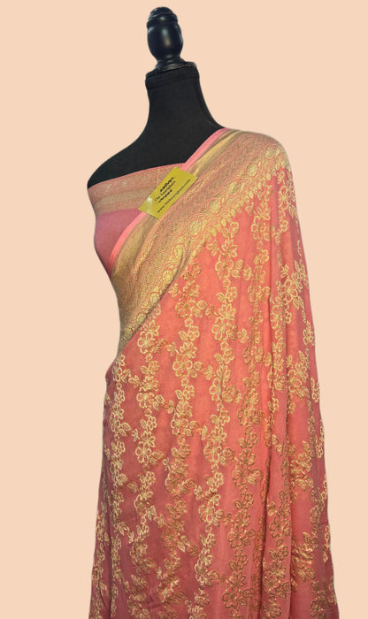 Pink Pure Khaddi Georgette Banarasi Saree -  Water Zari