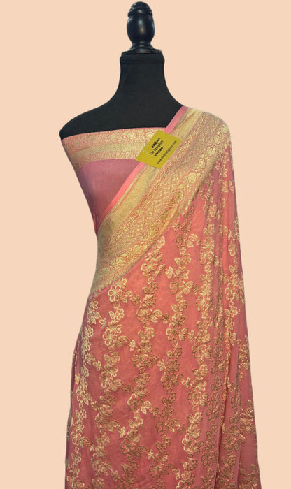 Pink Pure Khaddi Georgette Banarasi Saree -  Water Zari