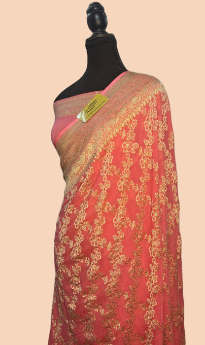 Italian Pink Pure Khaddi Georgette Banarasi Saree -  Water Zari