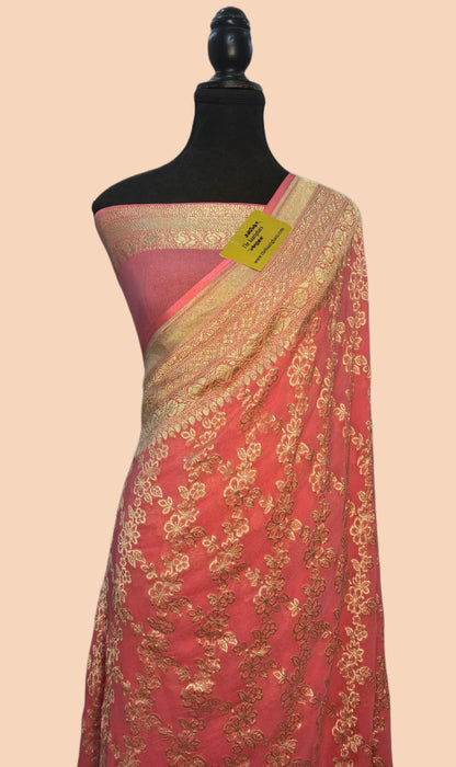 Italian Pink Pure Khaddi Georgette Banarasi Saree -  Water Zari