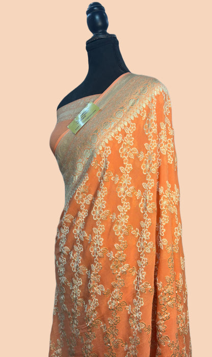 Persian Orange Pure Khaddi Georgette Banarasi Saree -  Water Zari