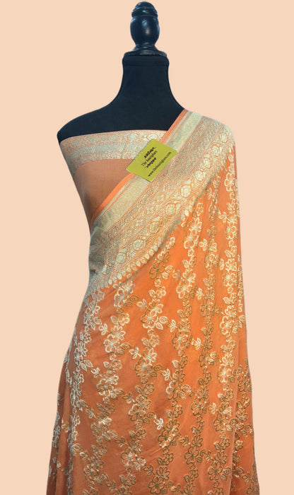 Persian Orange Pure Khaddi Georgette Banarasi Saree -  Water Zari