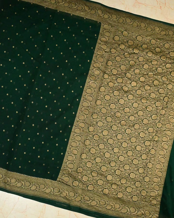 Bottle Green Pure Khaddi Georgette Banarasi Saree -  Antique Zari
