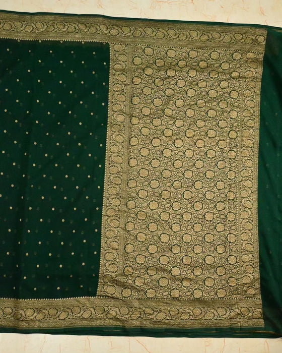 Bottle Green Pure Khaddi Georgette Banarasi Saree -  Antique Zari