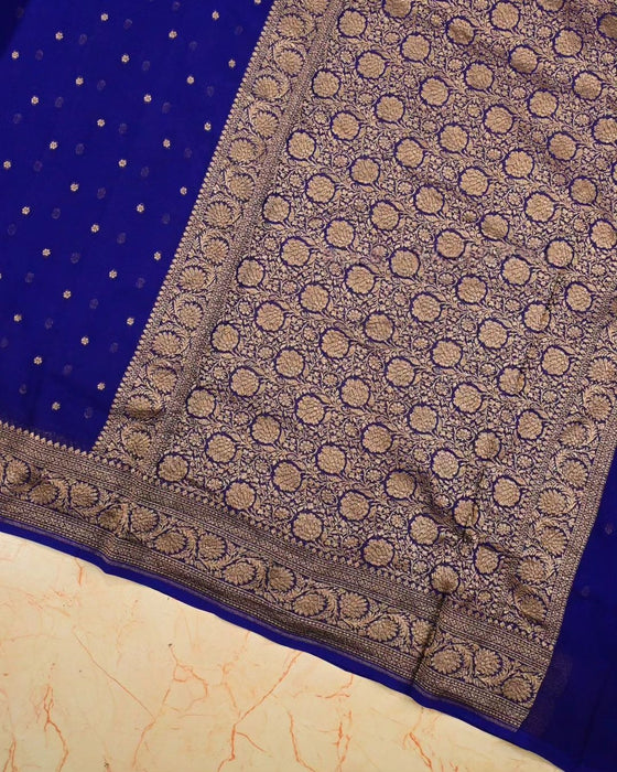 Royal Blue Pure Khaddi Georgette Banarasi Saree -  Antique Zari
