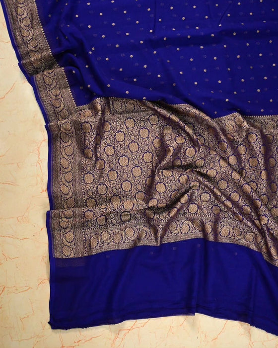 Royal Blue Pure Khaddi Georgette Banarasi Saree -  Antique Zari