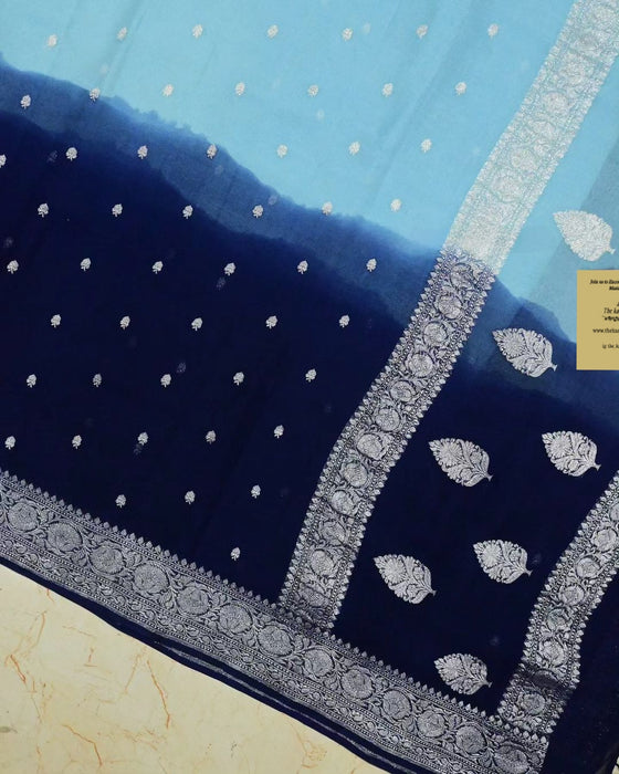 Double Shade Blue Kadhwa Chiffon Georgette Handloom Saree