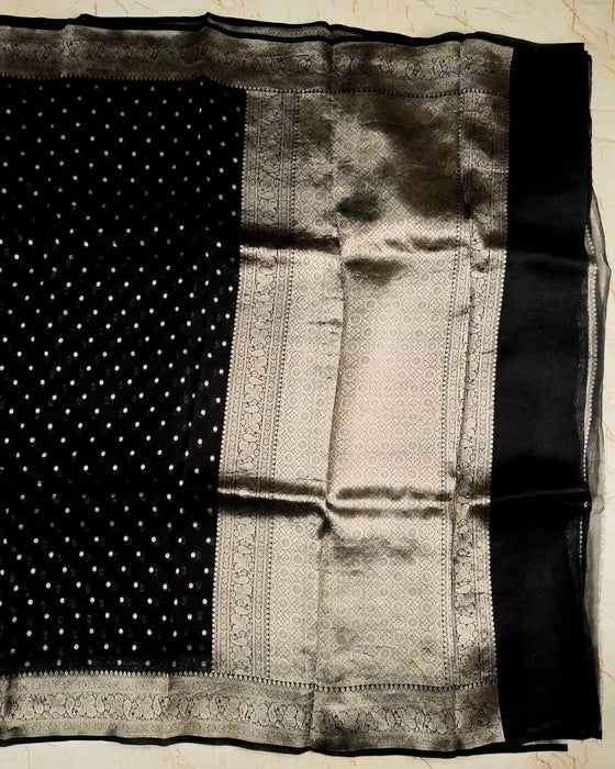 Black Pure Kora Banarasi Handloom Saree -  Reshmi Kora