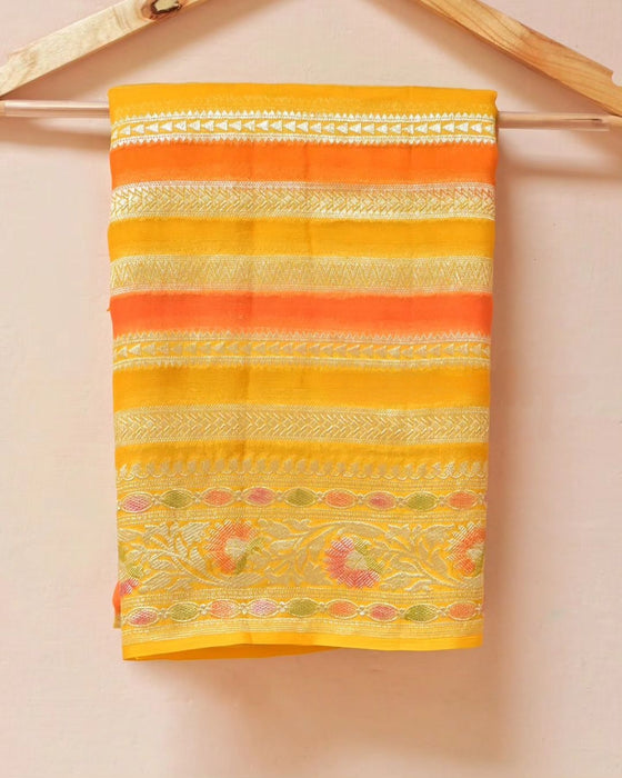 Persian Yellow Pure Khaddi Georgette Banarasi Handloom Dupatta - Hand Meenakari