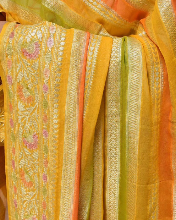 Persian Yellow Pure Khaddi Georgette Banarasi Handloom Dupatta - Hand Meenakari