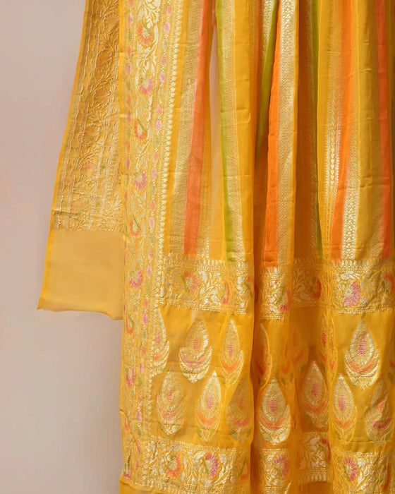 Persian Yellow Pure Khaddi Georgette Banarasi Handloom Dupatta - Hand Meenakari