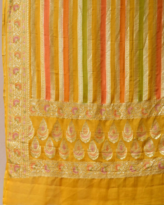Persian Yellow Pure Khaddi Georgette Banarasi Handloom Dupatta - Hand Meenakari