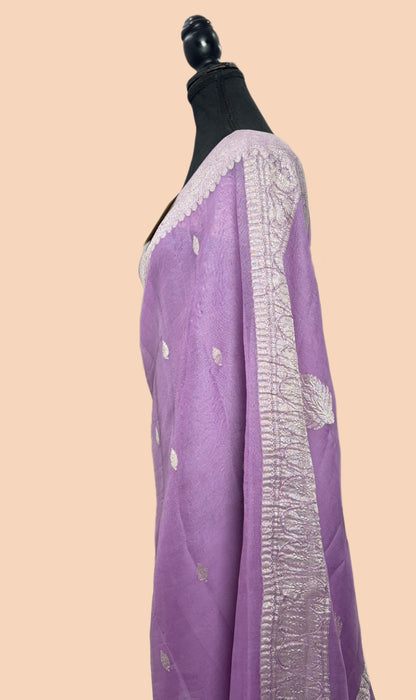 Lavender Pure Kadhwa Chiffon  Banarasi Saree