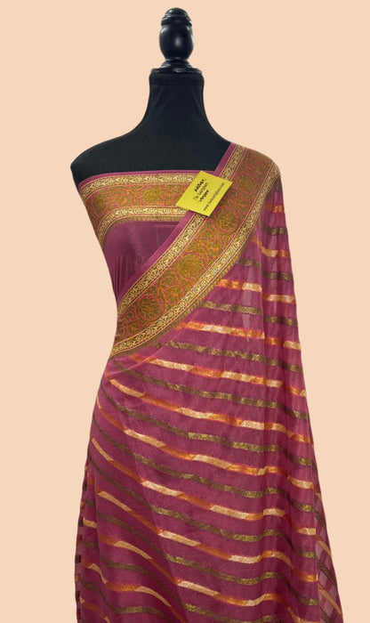 Dark Mauve Pure Khaddi Chiffon Banarasi Saree