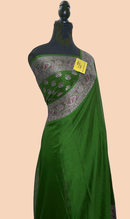 Mehendi Green Pure Khaddi Chiffon Geogette Banarasi Saree