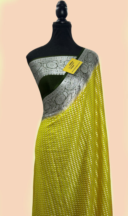 Yellow Black Pure Khaddi Chiffon Banarasi Saree