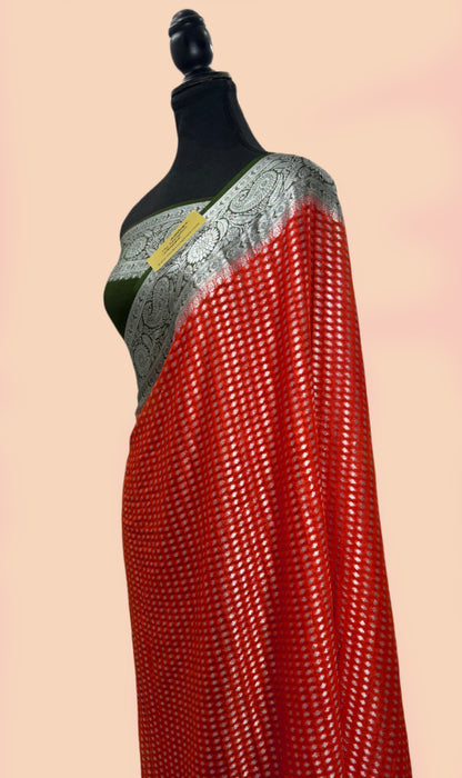 Red Black Pure Khaddi Chiffon Banarasi Saree
