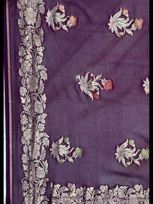 Wine Khaddi Georgette Banarasi Handloom Saree -  Tilfi Meenakari