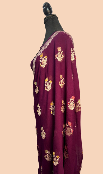 Wine Khaddi Georgette Banarasi Handloom Saree -  Tilfi Meenakari
