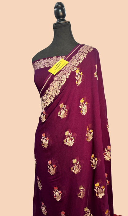 Wine Khaddi Georgette Banarasi Handloom Saree -  Tilfi Meenakari