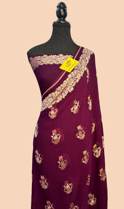 Wine Khaddi Georgette Banarasi Handloom Saree -  Tilfi Meenakari