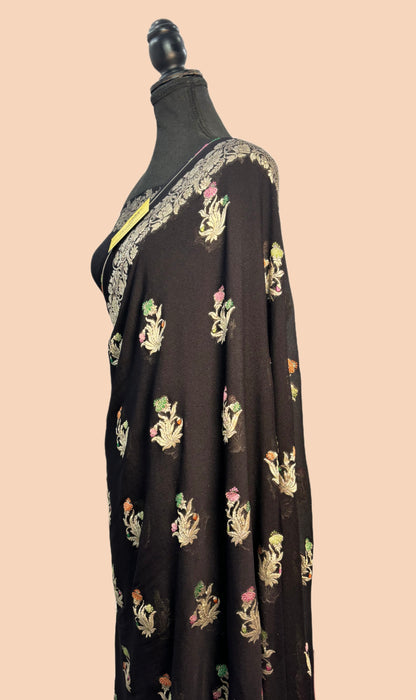 Black Khaddi Georgette Banarasi Handloom Saree - Tilfi Meenakari