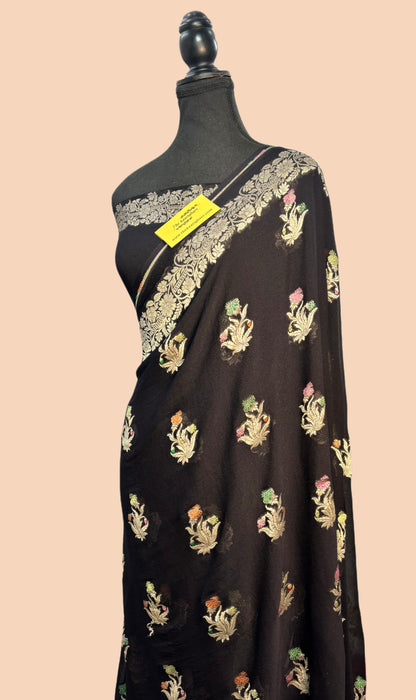 Black Khaddi Georgette Banarasi Handloom Saree - Tilfi Meenakari