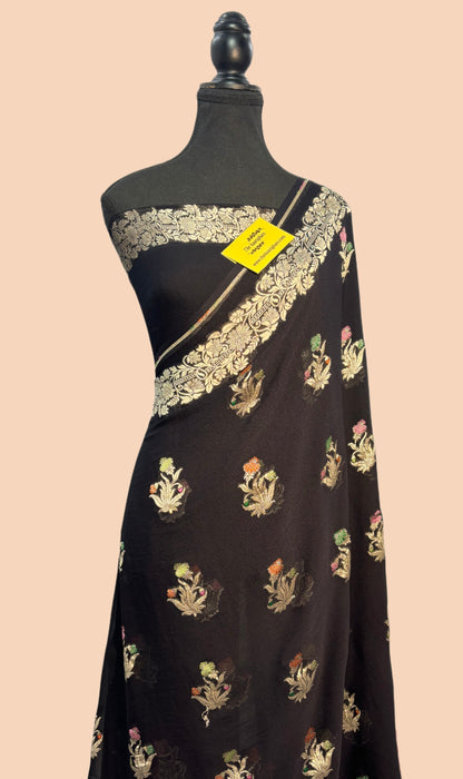 Black Khaddi Georgette Banarasi Handloom Saree - Tilfi Meenakari