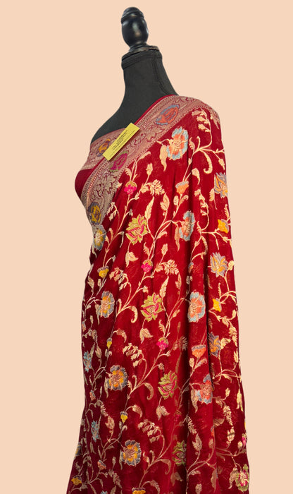 Red Khaddi Georgette Banarasi Handloom Saree -  Tilfi Meenakari